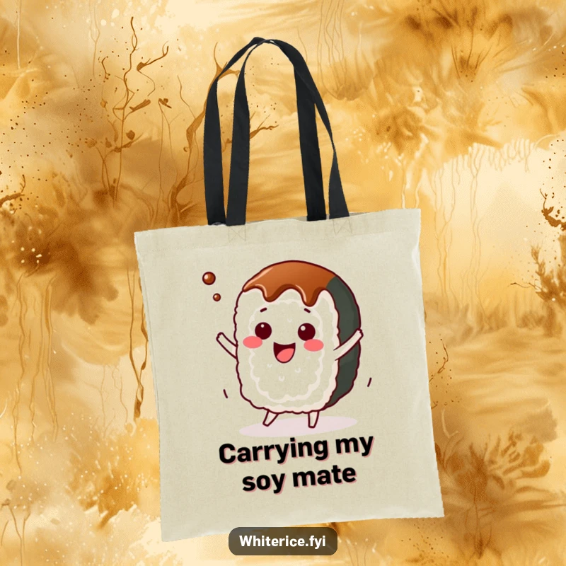 Funny kawaii sushi roll tote bag, character joyfully dancing with soy sauce, stylish and amusing accessory.