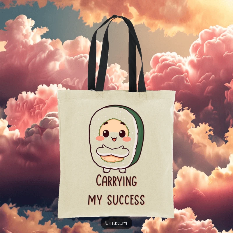 Funny Proud Sushi Tote Bag featuring a beaming Kawaii sushi roll character with crossed arms, perfect for carrying essentials with confident sushi pride.