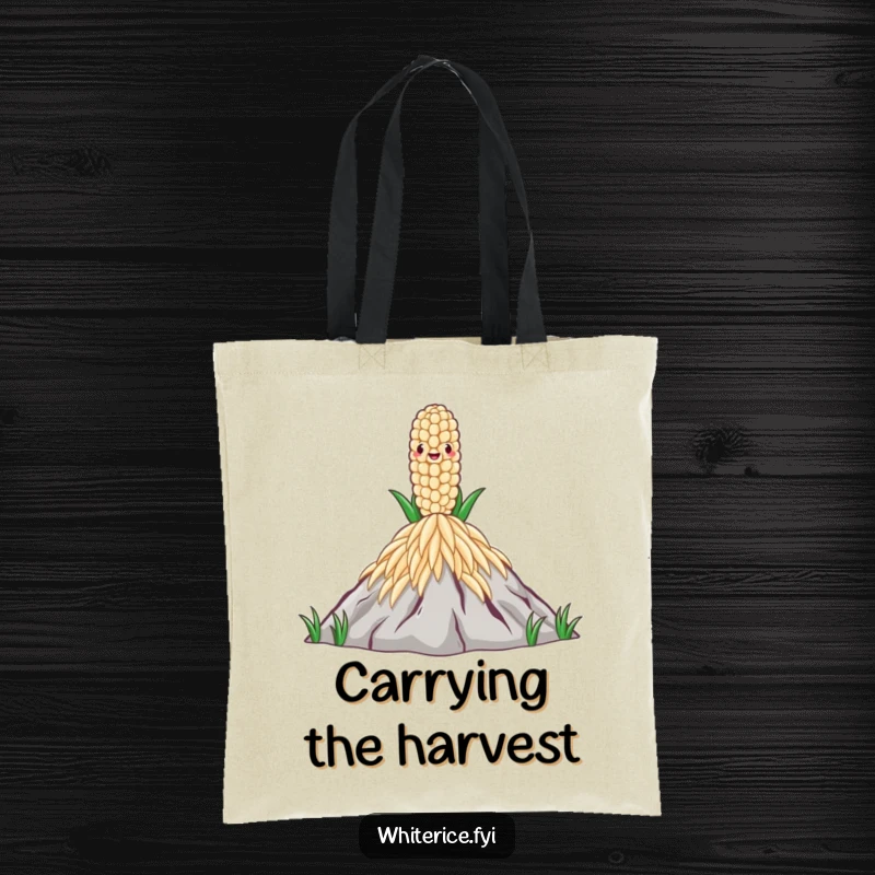Funny Rice Grain Tote Bag with a proud rice grain standing atop a mountain of rice, ideal for carrying essentials with pride.