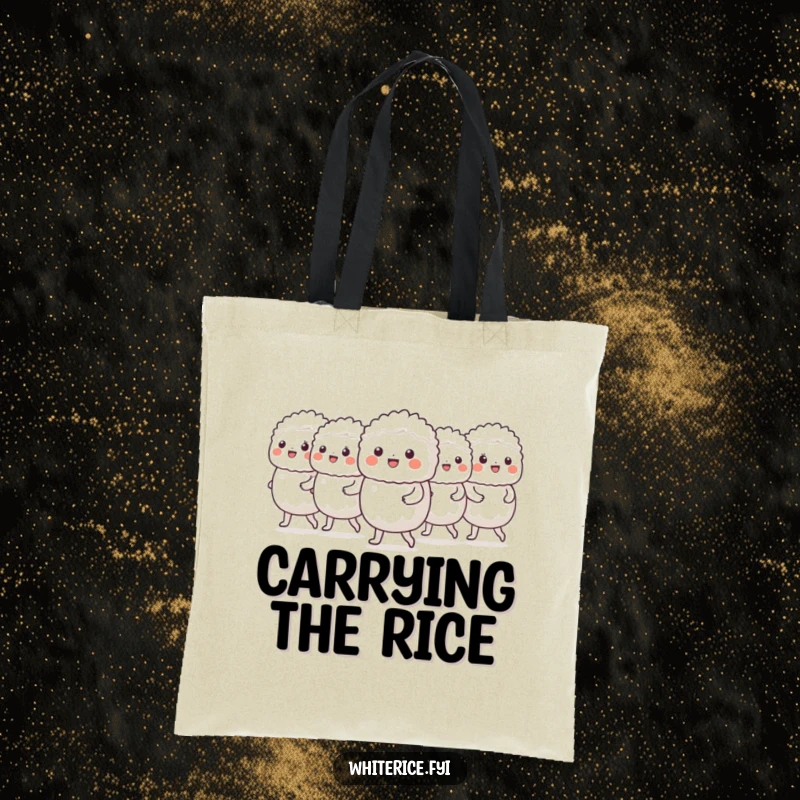 Funny tote bag with a cheerful group of white rice characters marching in a neat line, perfect for shopping.