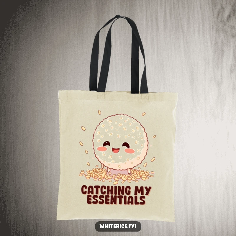 Funny tote bag featuring a happy rice ball character clumsily trying to catch falling grains, perfect for everyday humor.
