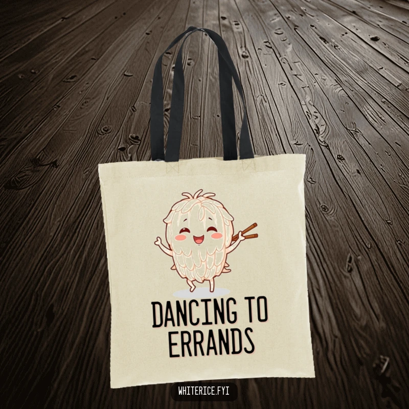 Funny tote bag showing a smiling rice character in a lively dance, holding chopsticks, a cheerful and functional accessory.