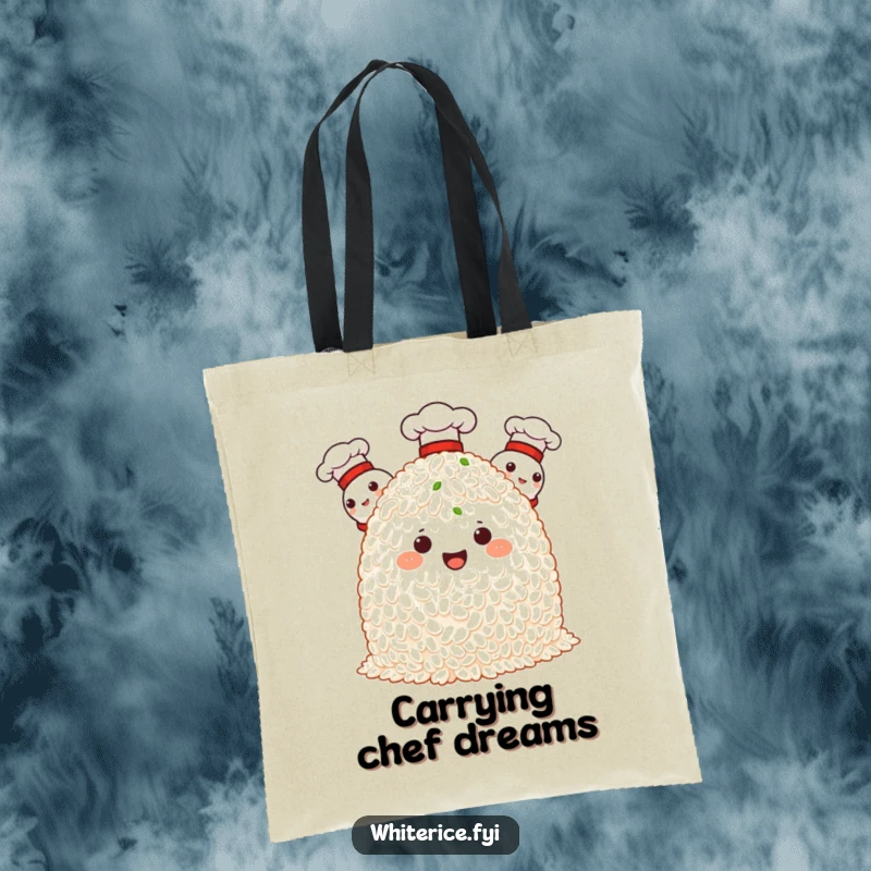 Funny tote bag featuring proud rice characters wearing chef hats, celebrating culinary achievements with a humorous touch.