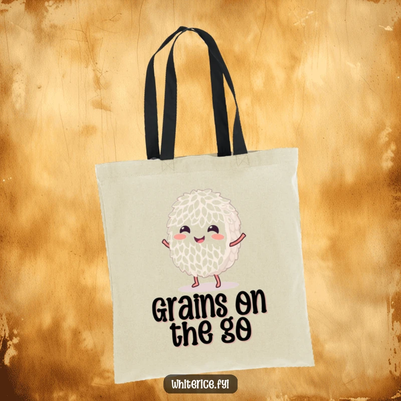 Funny dancing white rice grain tote bag, ready for adventure, showcasing a cheerful and humorous design.