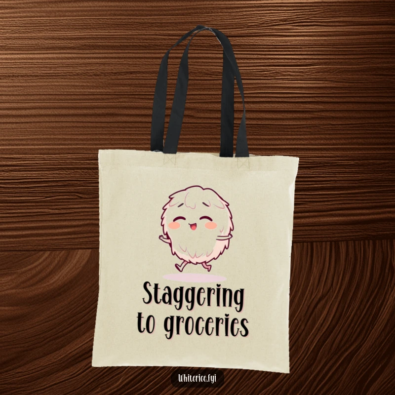 Funny tote bag showcasing a giggling rice character in a comical stagger, a humorous and practical accessory.