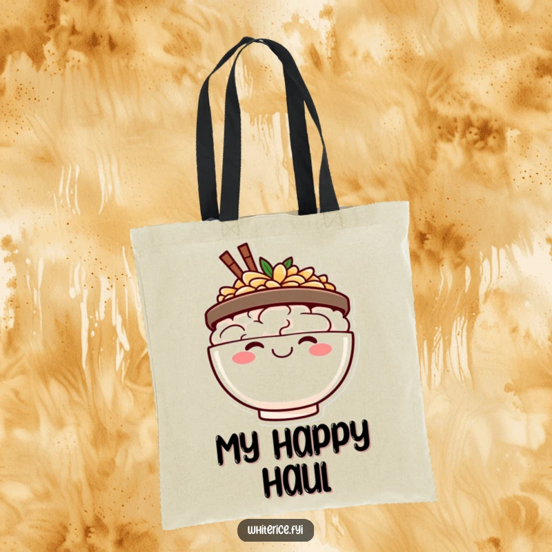 Funny happy rice bowl tote bag, beaming with a wide smile, a cheerful and practical accessory for happy errands.