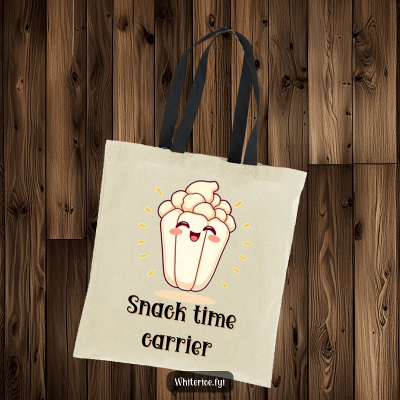 Funny kawaii tote bag featuring an excited, grinning popcorn kernel bursting with energy.