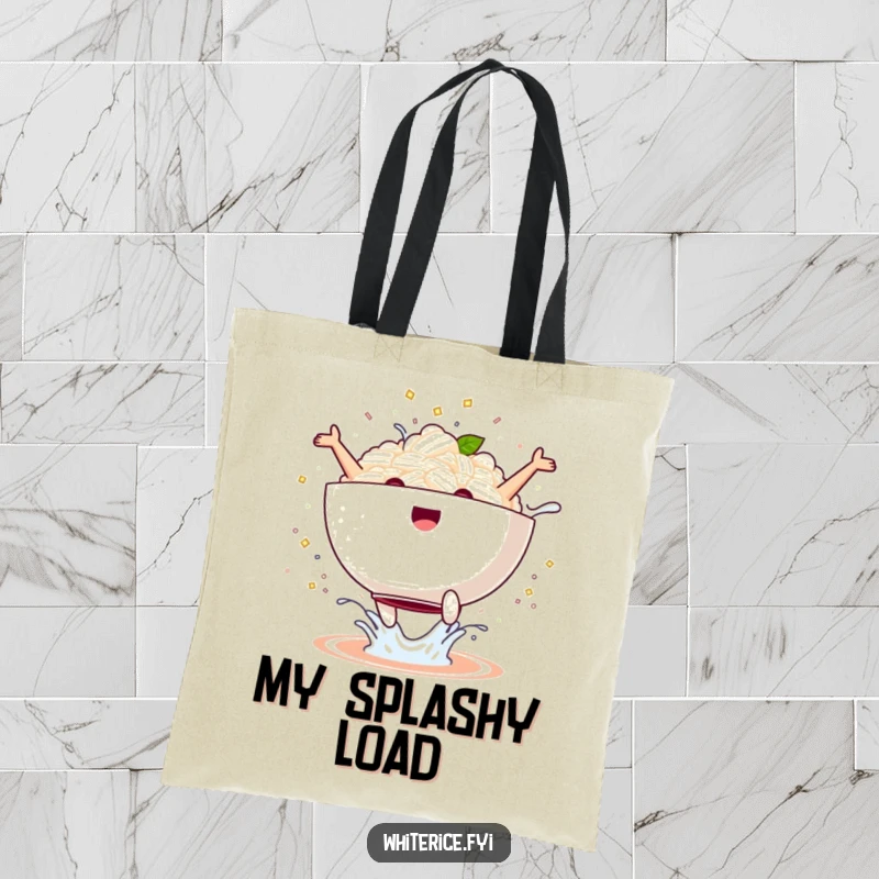 Funny kawaii rice bowl tote bag performing a joyful jump with a splash, chic and hilarious accessory for foodies, perfect funny gift.
