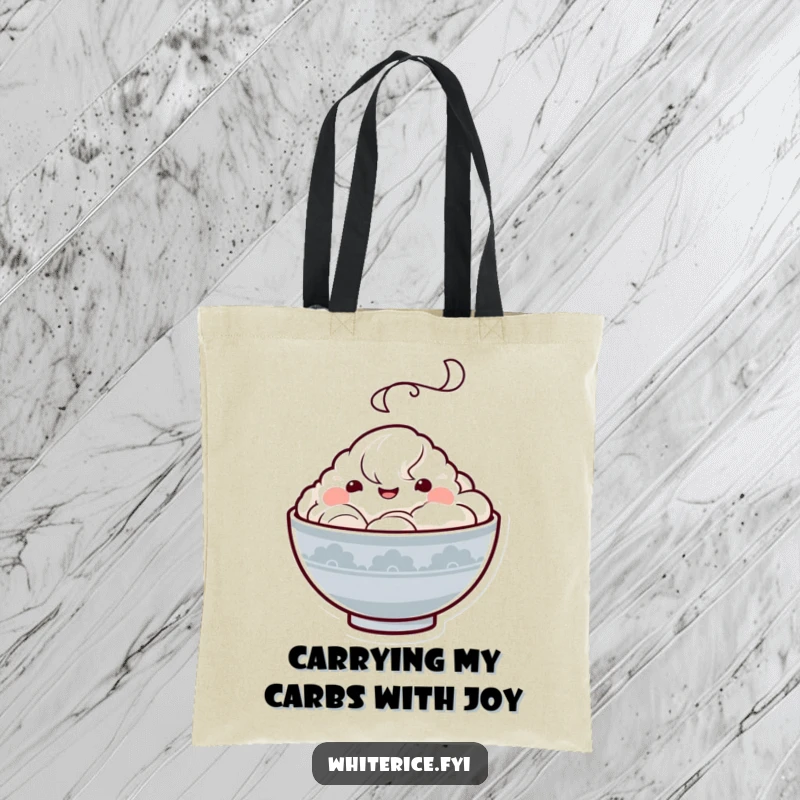 Funny Kawaii rice bowl tote bag featuring a happy character with a steam cloud, perfect for carrying essentials with a smile and humor.