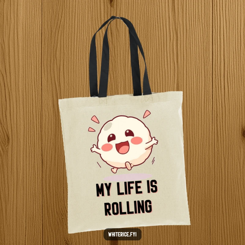 Funny Kawaii risotto ball tote bag featuring an excited character rolling playfully, perfect for carrying essentials with a dose of fun and humor.