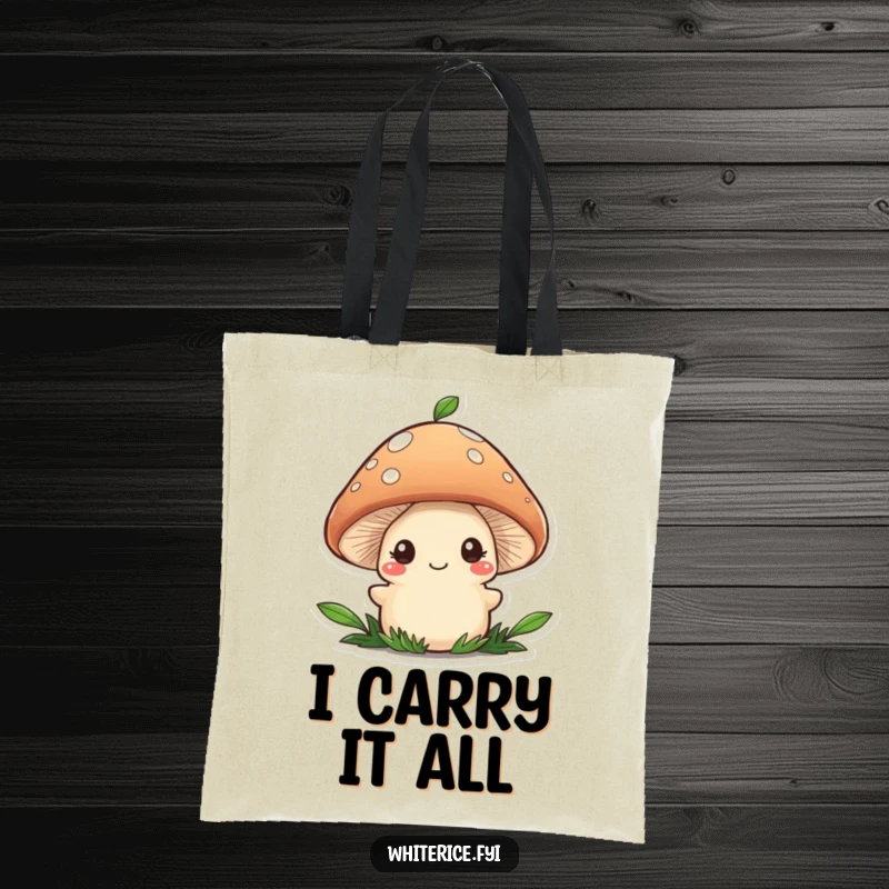 Funny tote bag with a shy brown mushroom character adding a delicate garnish, a charming and functional accessory.