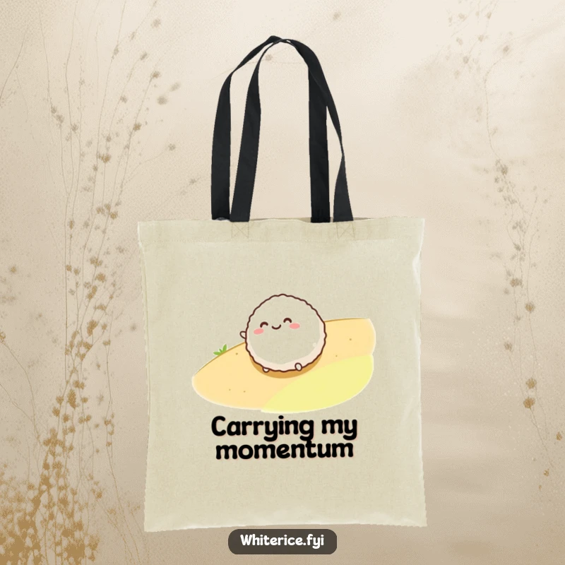 Funny tote bag depicting a happy rice ball character in mid-roll down a slope, offering a spacious and cheerful carry-all.