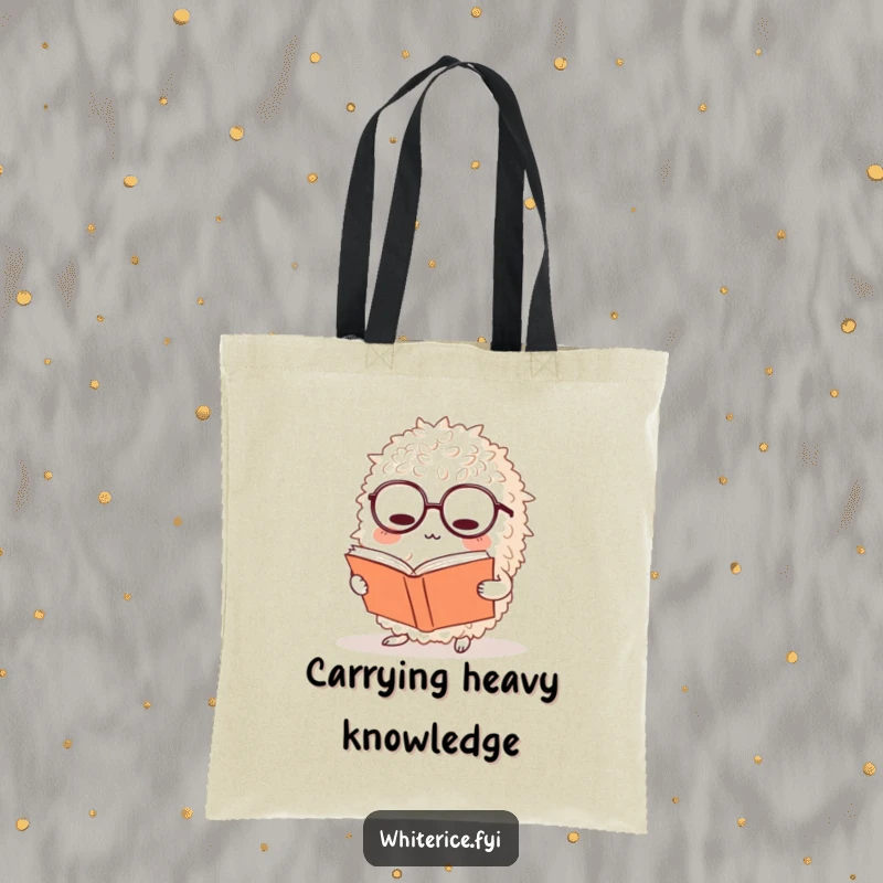 Funny rice tote bag displays a bewildered rice ball character in glasses reading a book, perfect for carrying essentials with scholarly flair.