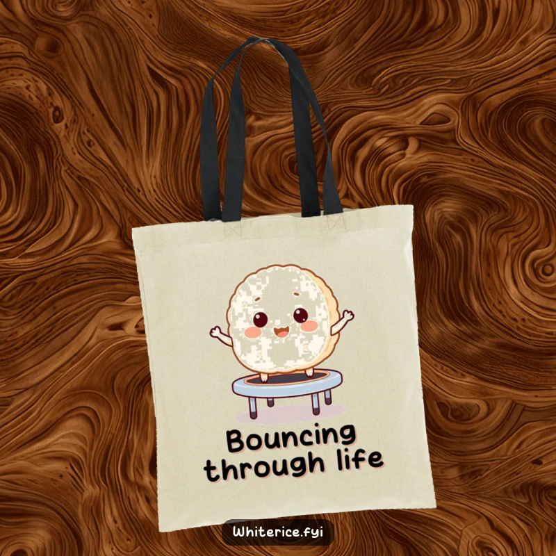 Funny tote bag showcasing a giggling rice cake bouncing like a mini trampoline, perfect for carrying essentials.
