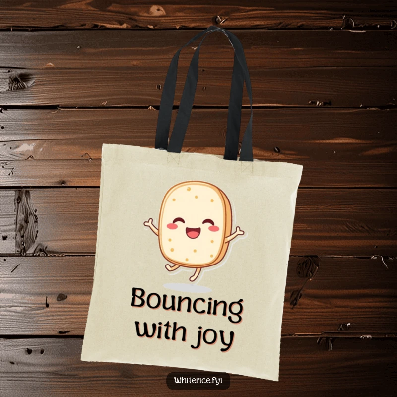 Funny tote bag depicting a happy, anthropomorphic rice cake character bouncing with glee, offering a stylish and cheerful carry-all.