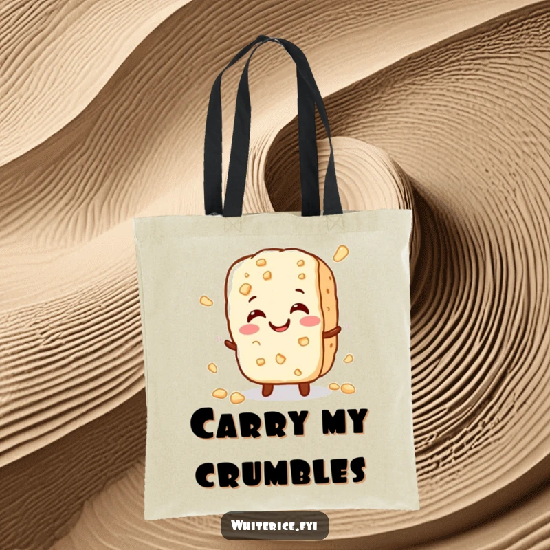 Funny tote bag showcasing a cheerful, small rice cracker character crumbles slightly with a happy crunch, perfect for carrying essentials.