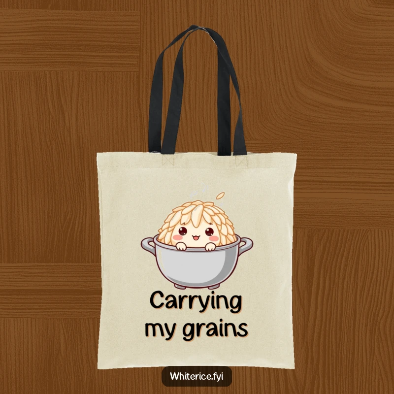 Funny tote bag showcasing a curious rice grain peeking from a steaming pot, ideal for carrying daily items with a smile.