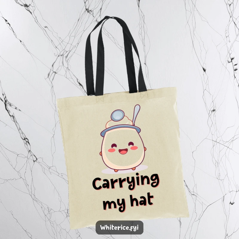 Funny tote bag featuring a happy rice pudding character wearing a spoon hat, perfect for carrying groceries with a smile.