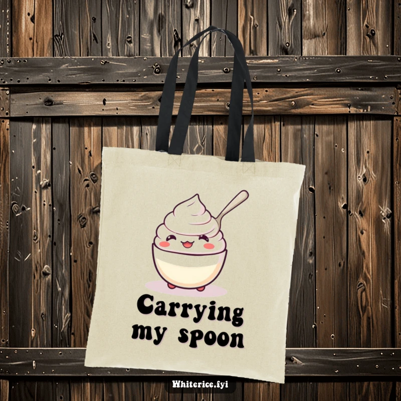Funny kawaii rice pudding tote bag, character happily spooning itself, cute and practical accessory.