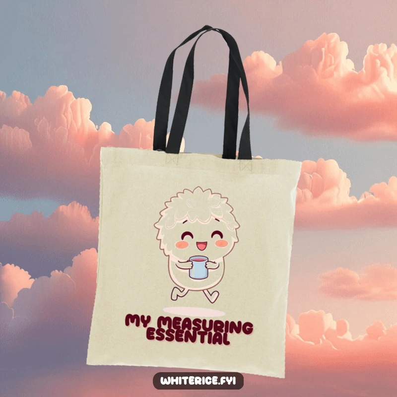 Funny tote bag with a playful white rice character skipping happily, great for carrying items joyfully.