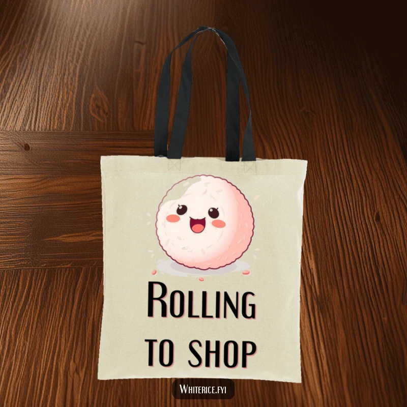 Funny kawaii sticky rice ball tote bag, character rolling with delight, cute and practical accessory.