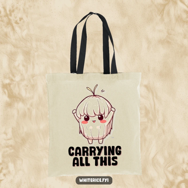 Funny Sticky Rice Tote Bag: A determined Kawaii character humorously stretching like taffy, showcasing its flexibility and strength, great for shopping.