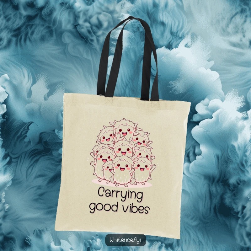 Funny smiling white rice characters tote bag, giving a thumbs up, a humorous and practical accessory for everyday use.
