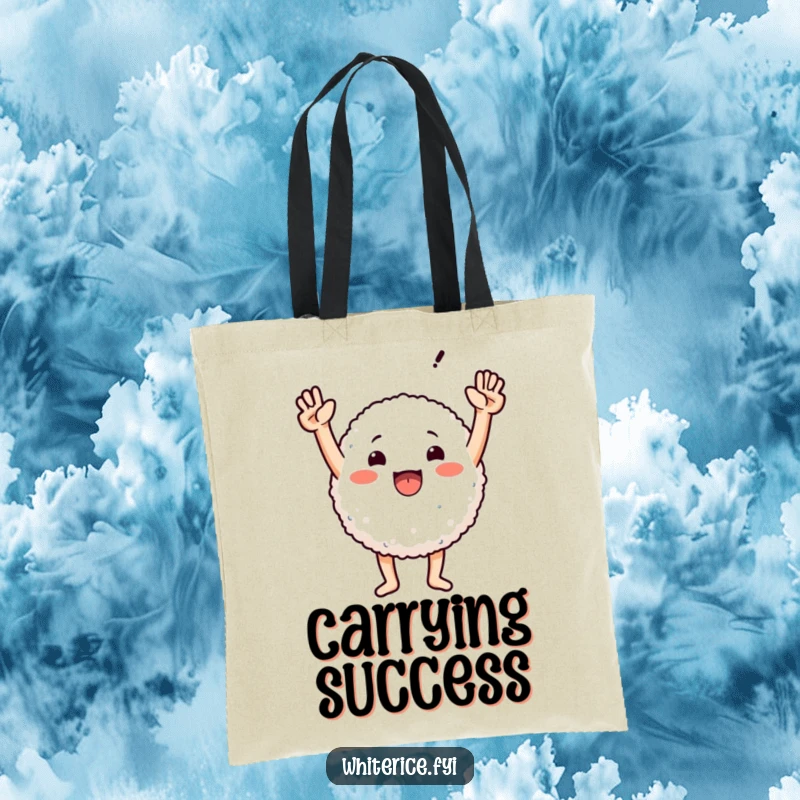 Funny tote bag depicting a round rice character with arms raised high, a symbol of achievement and comical celebration.