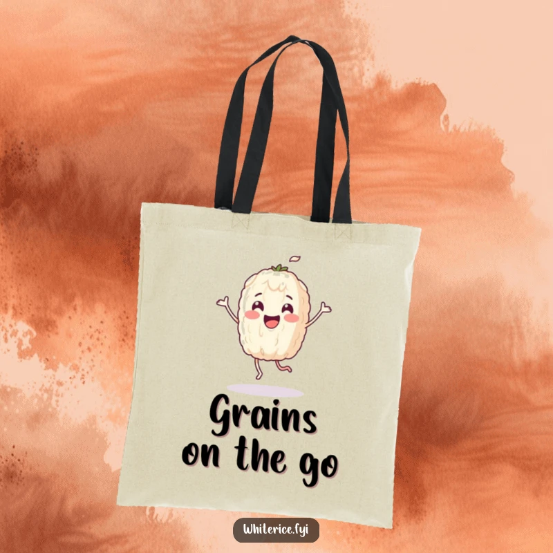 Funny tote bag featuring a jubilant rice grain character captured in a dynamic dance pose, perfect for carrying joy.