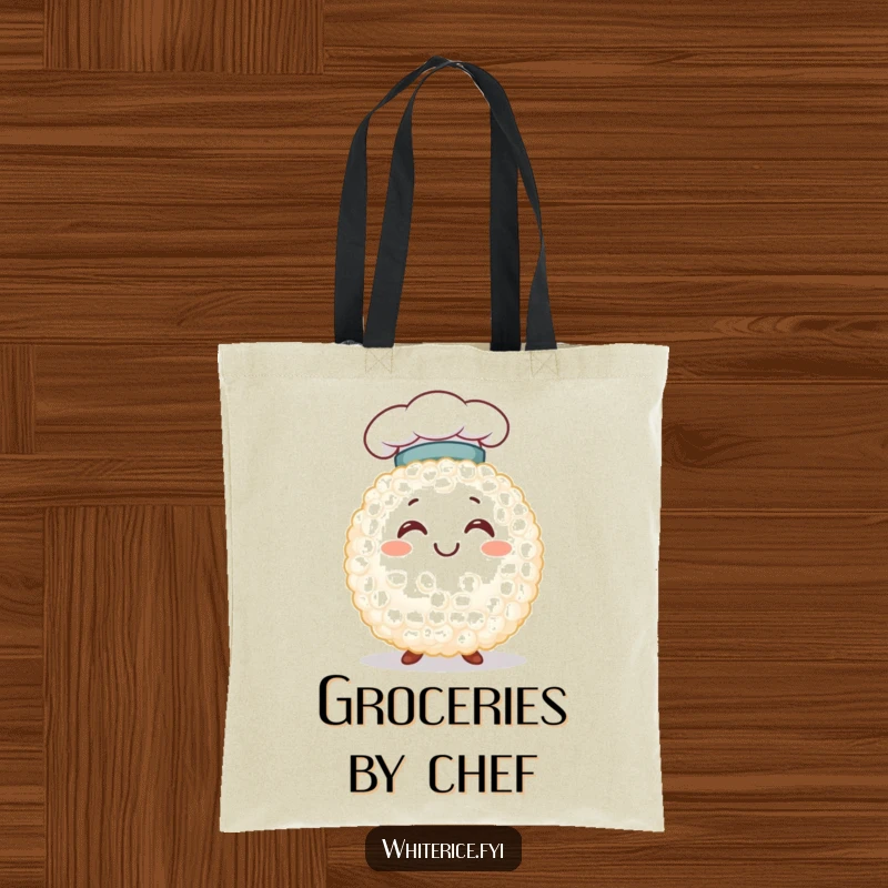 Funny smiling white rice grain character in a chef hat, printed on a tote bag, perfect for carrying groceries and culinary inspiration.