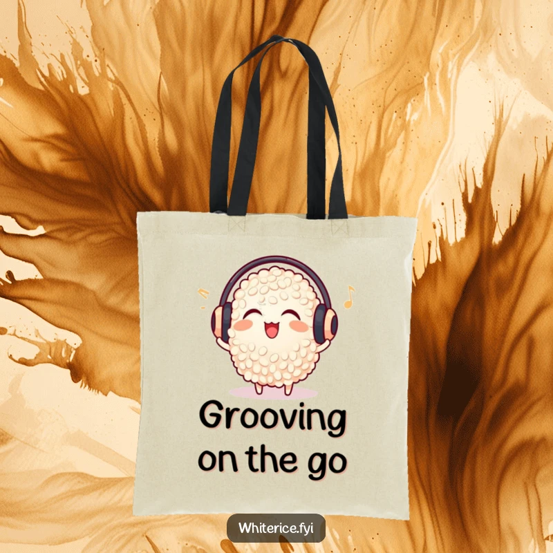 Funny delighted rice grain tote bag, wearing earmuffs, listening to music, stylish and humorous accessory.