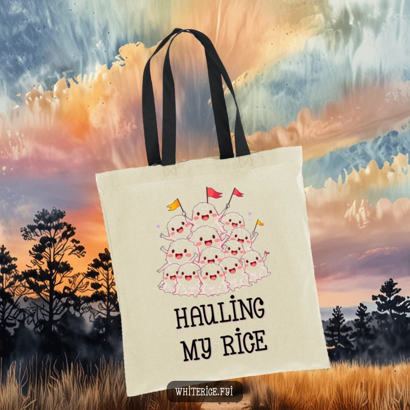 Funny tote bag with a smiling pile of white rice characters cheering and waving flags, perfect for shopping.