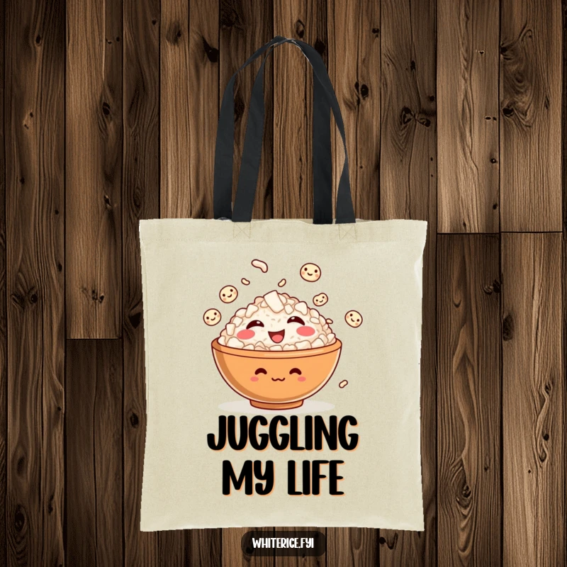 Funny tote bag depicting a giggling bowl of rice juggling smiling grains, offering a stylish and amusing carry-all.