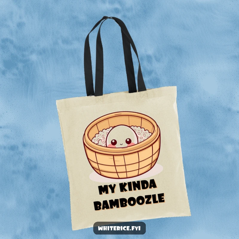 Funny curious rice grain tote bag, peeking from bamboo steamer, cute and functional eco-friendly accessory.