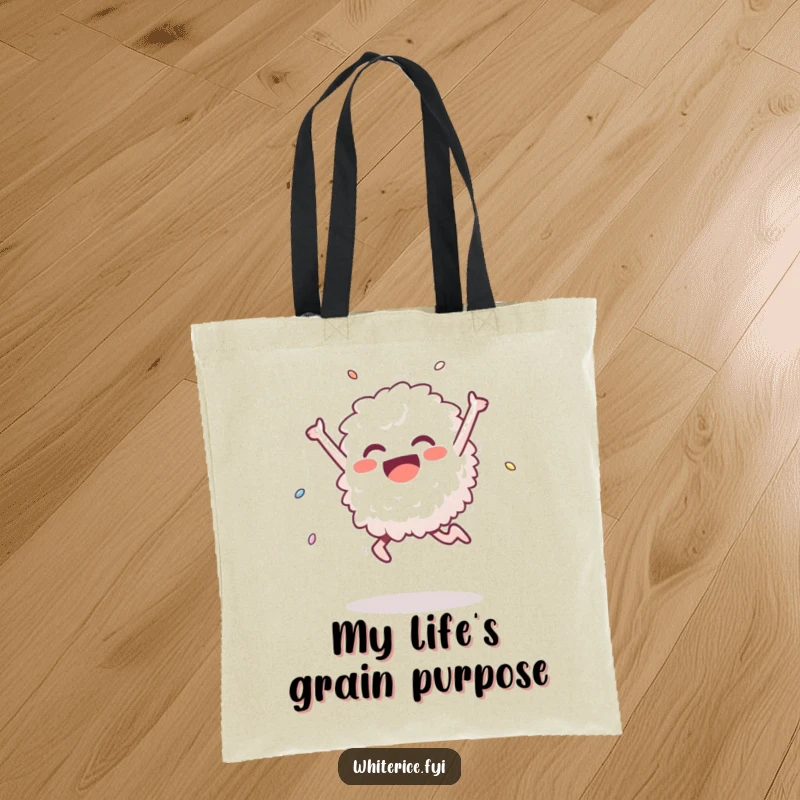 Funny tote bag featuring a delighted white rice grain in a triumphant leap, perfect for carrying essentials with humor and a happy, energetic vibe.