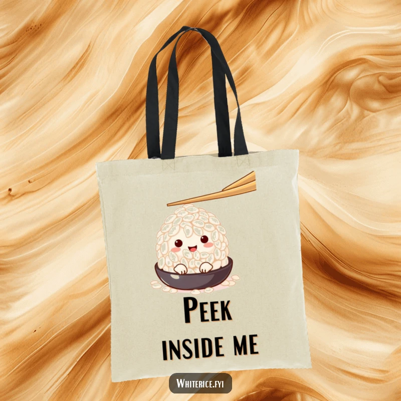 Funny charming white rice grain character peeking from beneath a chopstick, printed on a tote bag, perfect for carrying your everyday secrets.