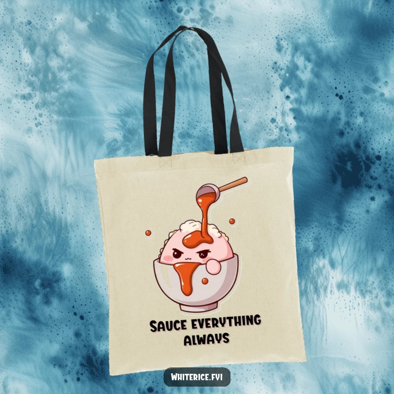 Funny tote bag with a determined pink rice bowl character pouring savory sauce, a humorous and practical accessory.