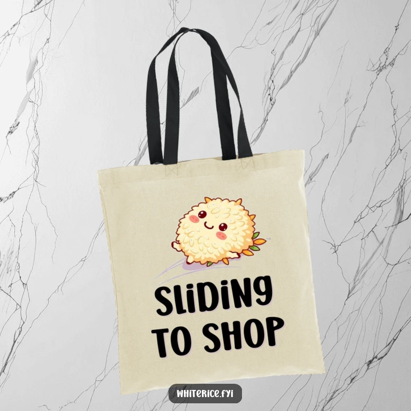 Funny tote bag showing a playful rice character in a smooth slide, a cheerful and functional accessory for everyday use.