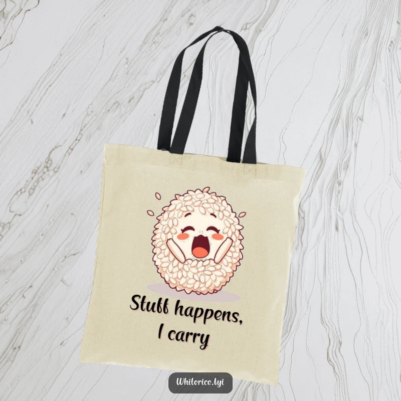 Funny tote bag showing a surprised pile of rice in a humorous tumble, perfect for everyday use.
