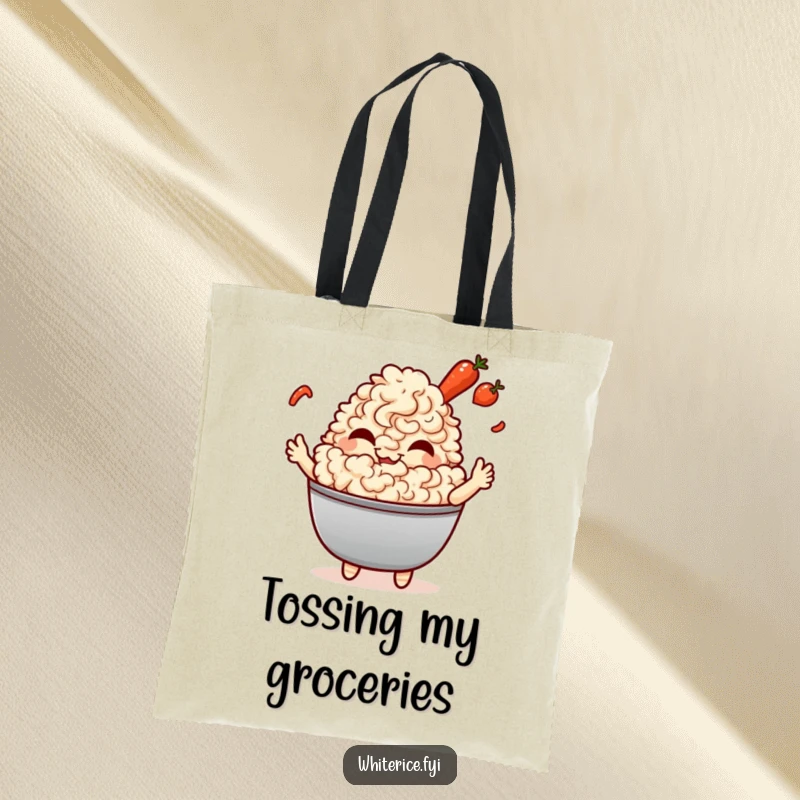 Funny Fried Rice Tote Bag: A giggling Kawaii character tossing veggies, embodying playful cooking and a love for food, great for shopping.